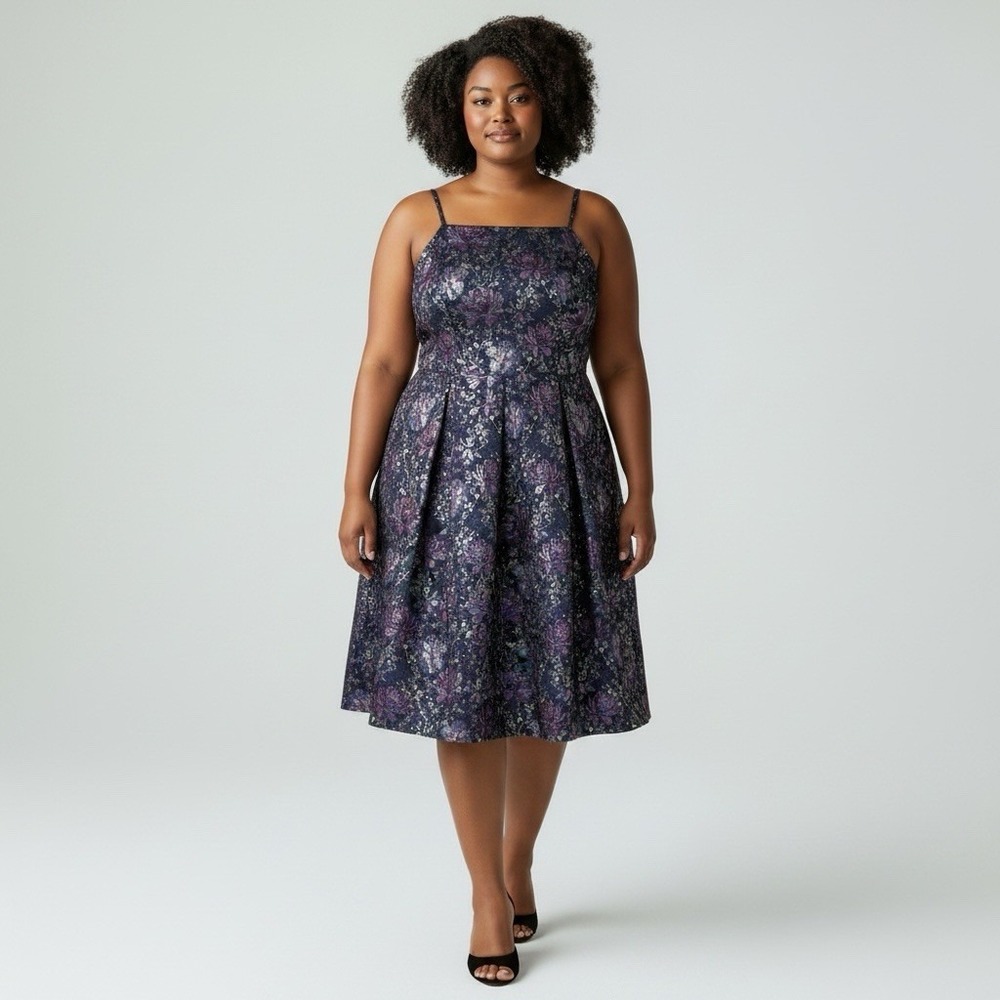 Women's Sleeveless Floral Metallic Jacquard Cocktail Fit &‎ Flare Dress Size 1X